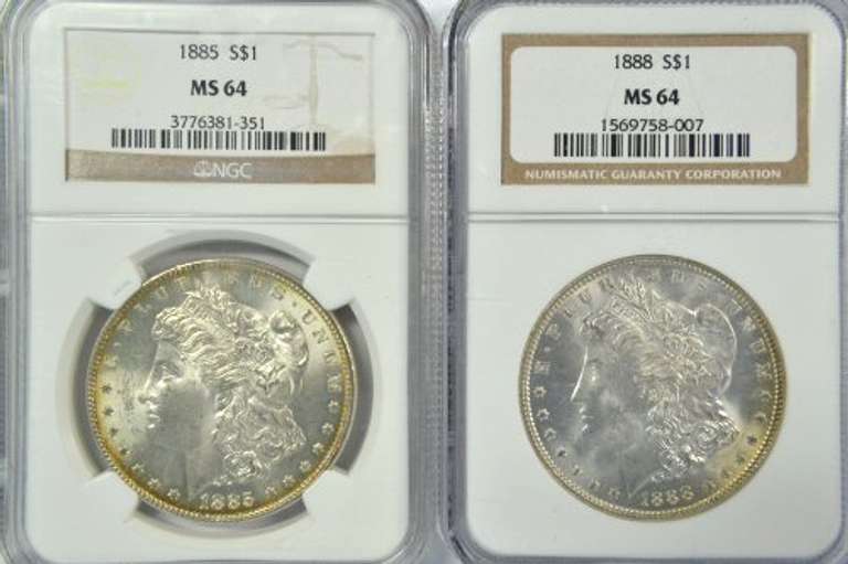 Super nice 1885 & 1888 Morgan Silver Dollars. NGC MS64