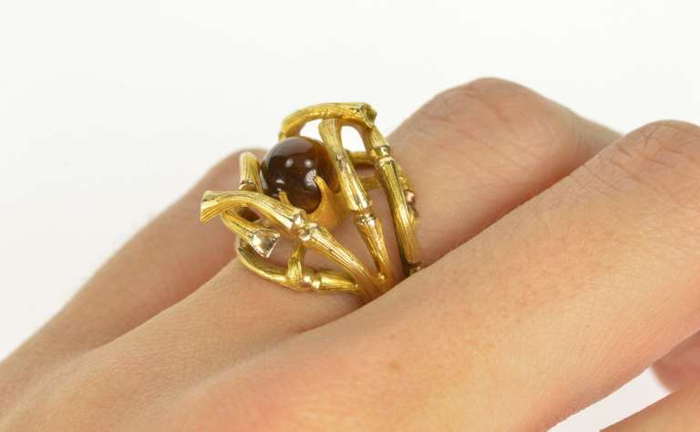 14K Yellow Gold Tiger's Eye 1960's Bamboo Statement Cocktail Ring