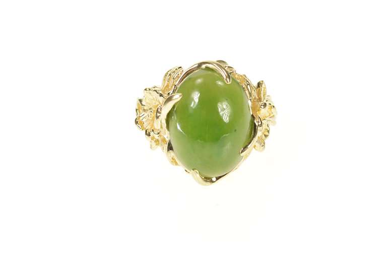 10K Yellow Gold 1960's Nephrite Flower Blossom Cocktail Ring