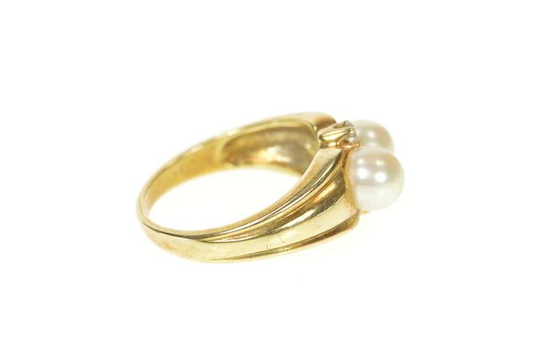 14K Yellow Gold Retro Two Pearl Diamond Accent Statement Ring
