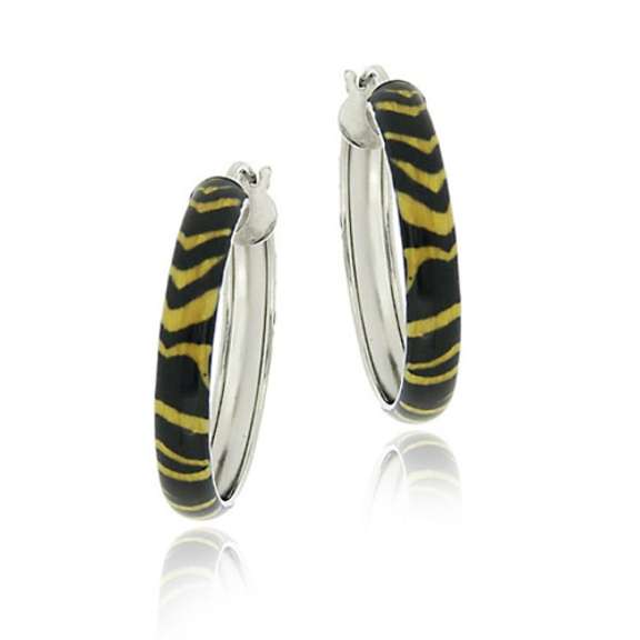 Sterling Silver Enamel Tiger Print 25mm Hoop Earrings