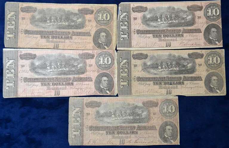 Lot of 5 Confederate Circulated  1864 Ten Dollar  Notes