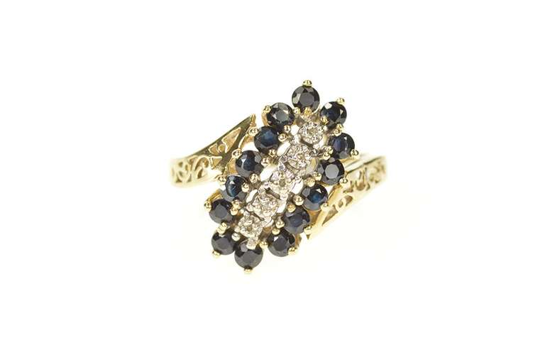 10K Yellow Gold Diagonal Diamond Sapphire Halo Cluster Bypass Ring