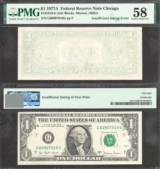 $1 1977-A FRN Insufficient Inking Error Back PMG Choice About Uncirculated 58