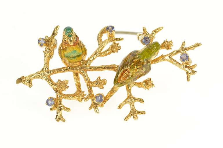 18K Yellow Gold 1960's Enamel Bird Tanzanite Statement Pin/Brooch