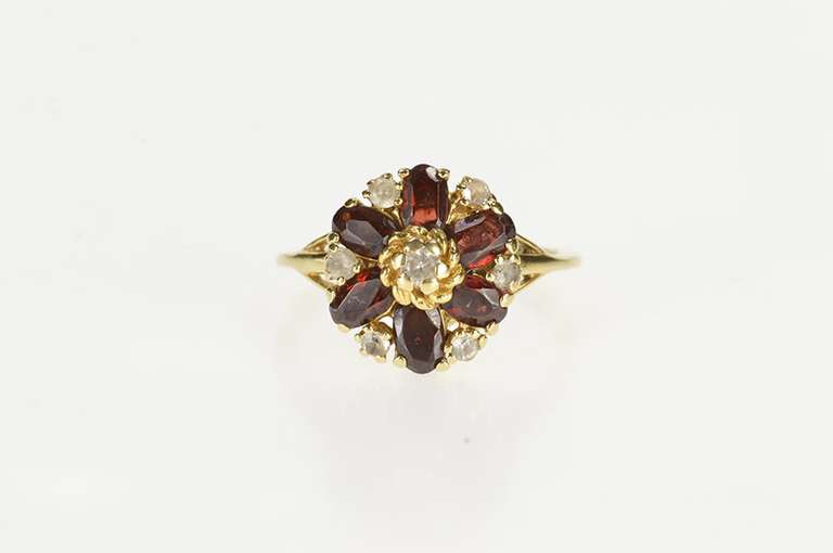 14K Yellow Gold Oval Garnet CZ Floral Cluster Cocktail Ring