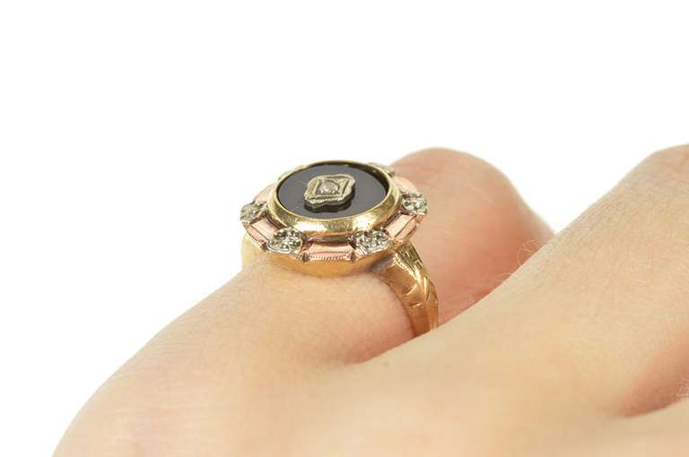 10K Yellow Gold Victorian Black Onyx Diamond Floral Cocktail Ring