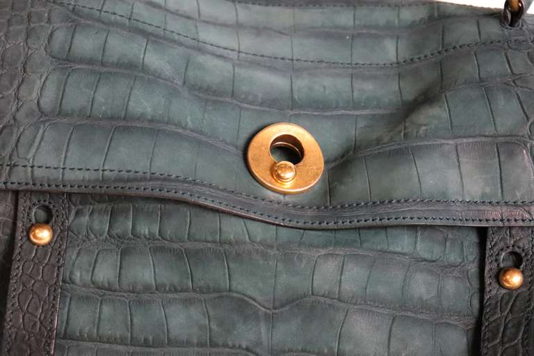 YSL Two Muse Green Croc Embossed Shoulder Bag