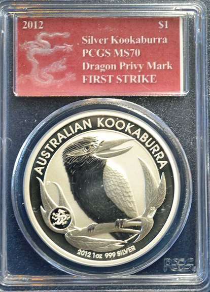 2012  1 oz Silver Kookaburra PCGS MS 70 Dragon Privy Mark First Strike