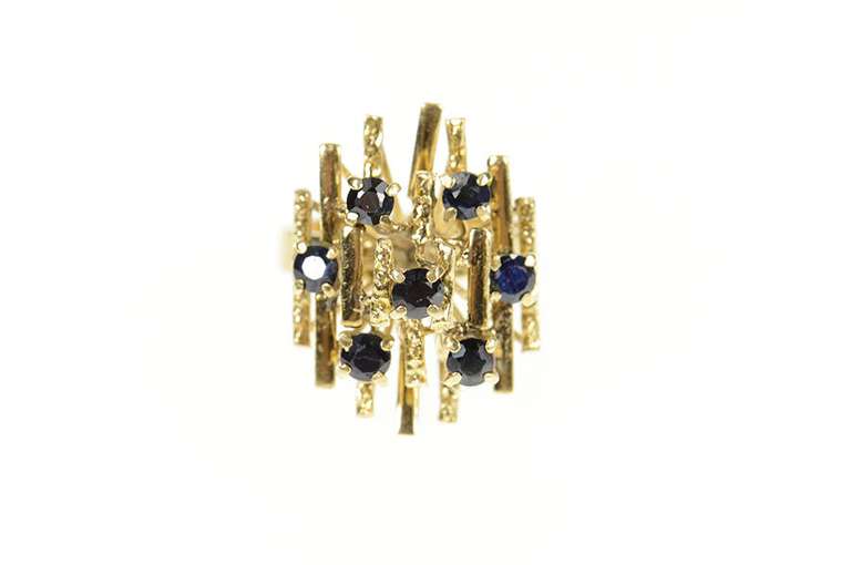 18K Yellow Gold Retro Geometric Bar Sapphire Cocktail Ring