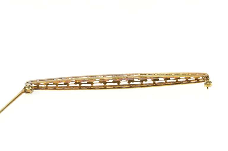 14K Yellow Gold Art Deco Blue Enamel Daisy Flower Bar Pin/Brooch