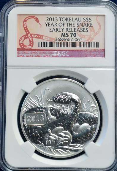 2013 Tokelau S$5 Year Of The Snake NGC MS 70 ER