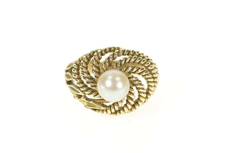10K Yellow Gold Retro Rope Leaf Twist Pearl Cocktail Statement Ring