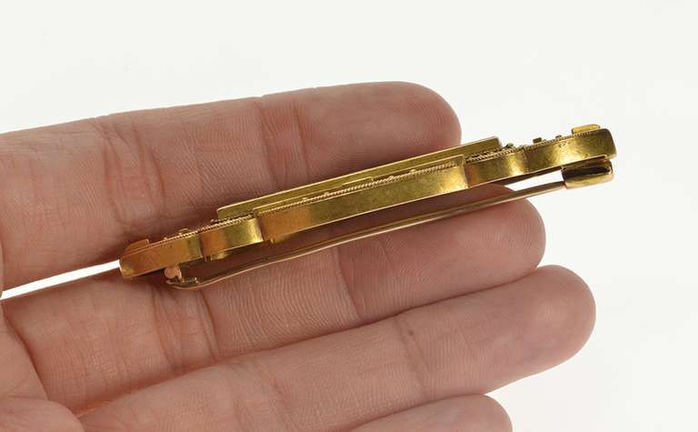 14K Yellow Gold Ornate Jasper Inset Milgrain Decorative Bar Pin/Brooch