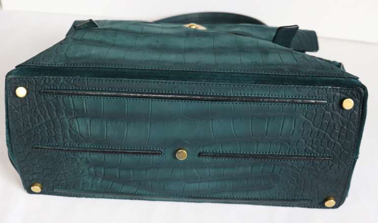 YSL Two Muse Green Croc Embossed Shoulder Bag
