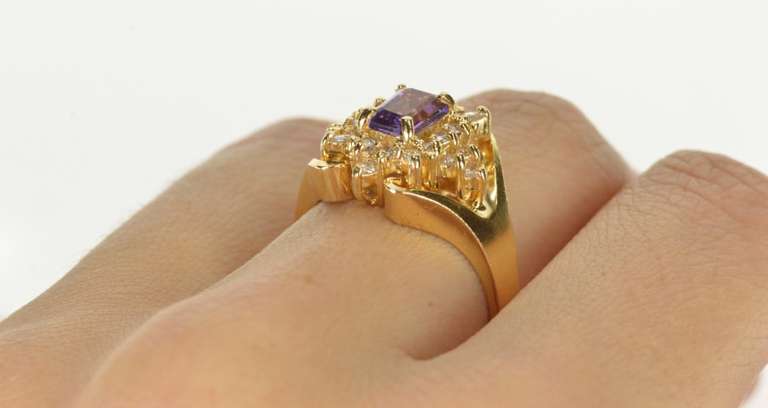 14K Yellow Gold 1.42 Ctw Emerald Cut Amethyst Diamond Cluster Ring