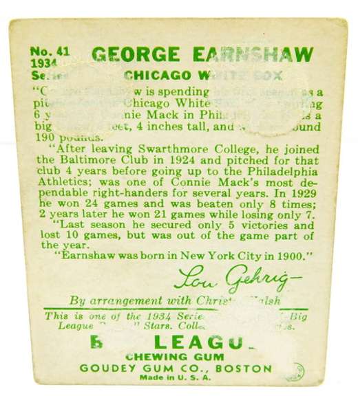 Goudey Gum 1934 George Earnshaw, White Sox Baseball Card