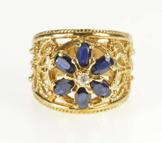 10K Yellow Gold 1.50 Ctw Floral Oval Sapphire Diamond Filigree Ring