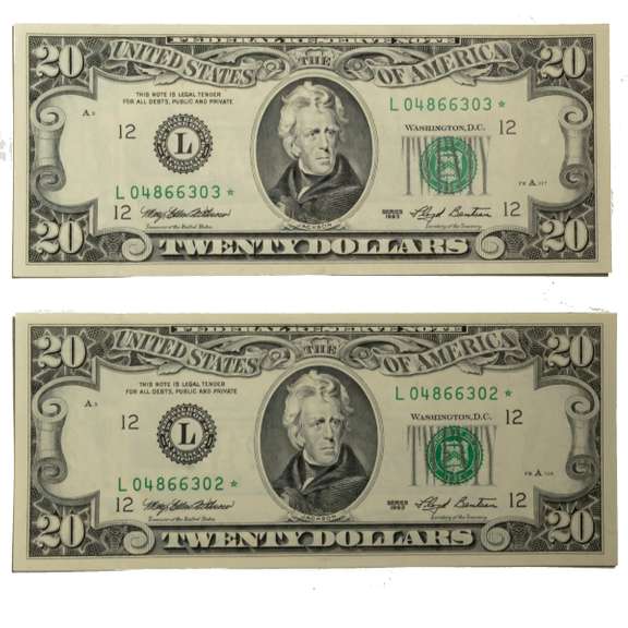 2 CR CU 1994 $20 FRN Star Notes in Consecutive order