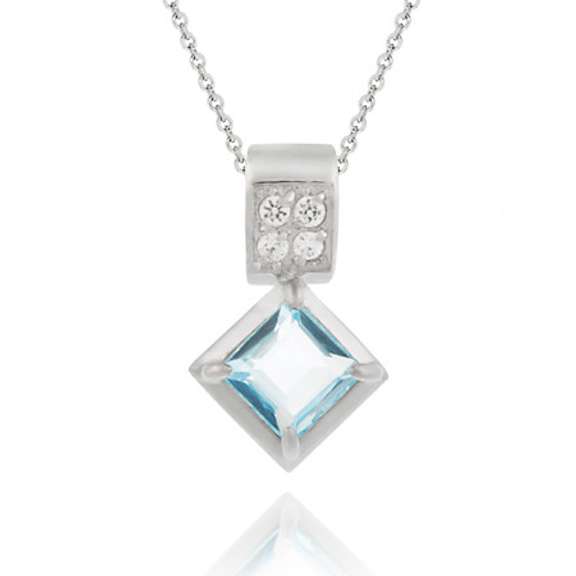 Sterling Silver 2.15ct Blue Topaz & Pave CZ Princess Cut Pendant