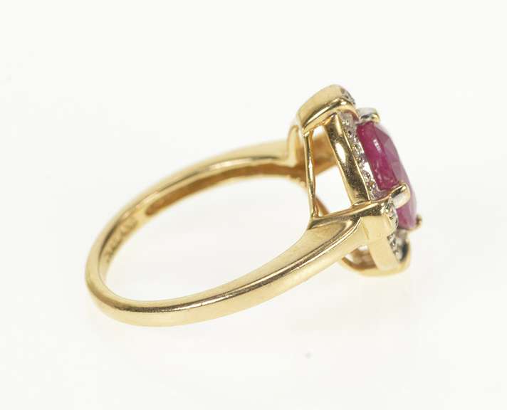 14K Yellow Gold Oval Natural Ruby Diamond Halo Engagement Ring