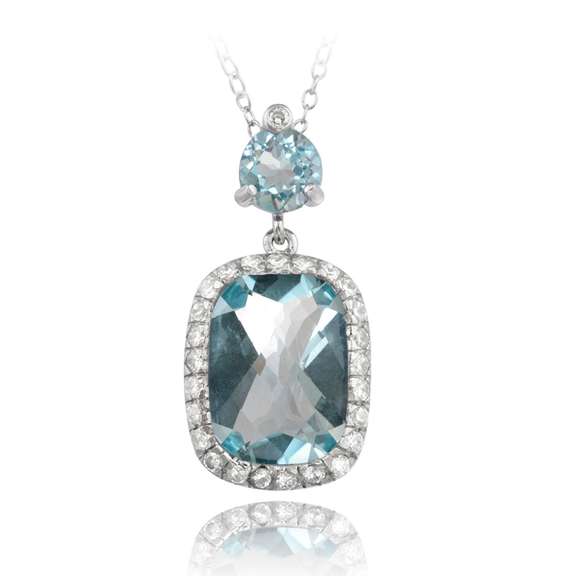 Sterling Silver 10ct Blue Topaz & CZ Rectangular Necklace