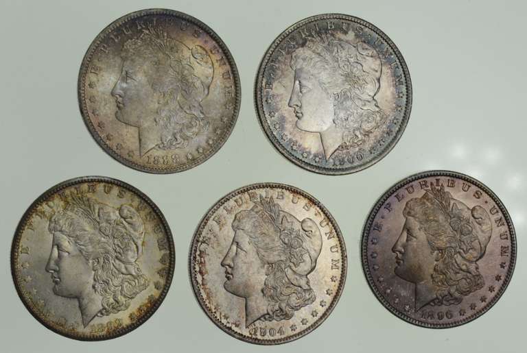 (5) 1888-1904 Morgan Silver Dollars Various Mints - TONED Choice Unc