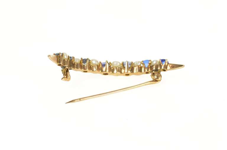 10K Yellow Gold Victorian Pearl Syn. Sapphire Crescent Moon Pin/Brooch