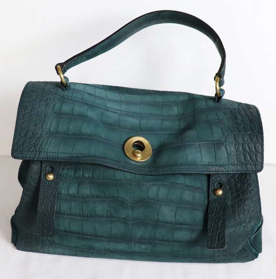 YSL Two Muse Green Croc Embossed Shoulder Bag