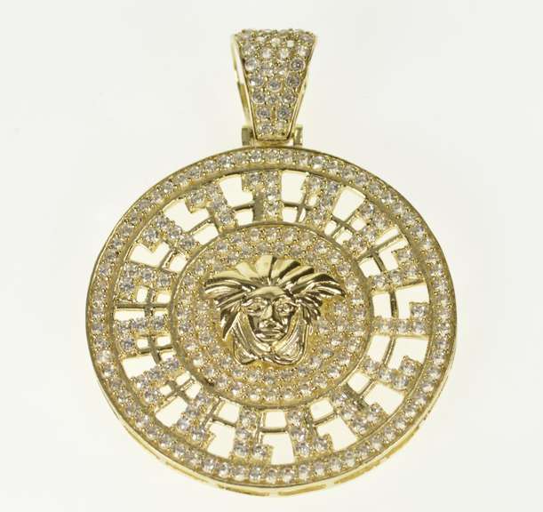 10K Yellow Gold Pave Cubic Zirconia Medusa Medallion Pendant