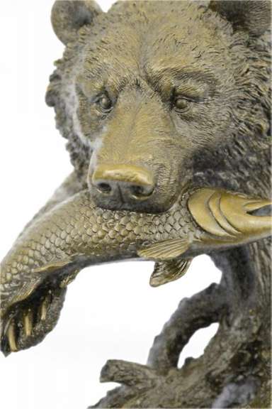 Bear Head Bust with Fish Bronze Sculpture