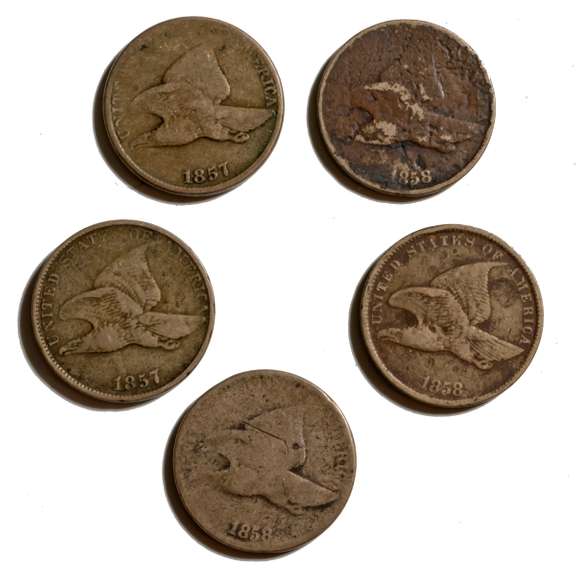 2 1857 & 3 1858 Flying Eagle Cents