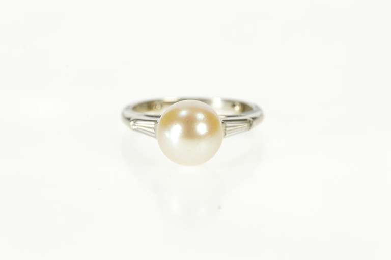Platinum Retro Pearl Baguette Diamond Engagement Ring