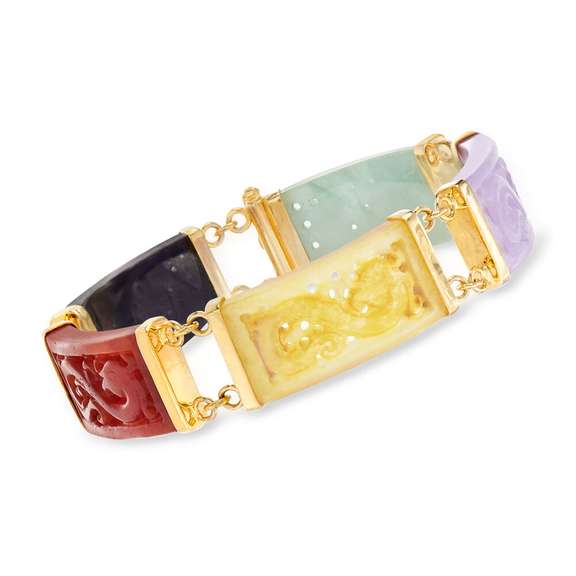 Multicolored Jade Dragon Bracelet with 18kt Gold Over Sterling.