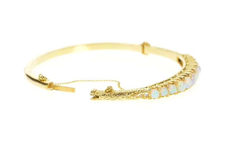 14K Yellow Gold Victorian Opal Diamond Scrollwork Bangle Bracelet