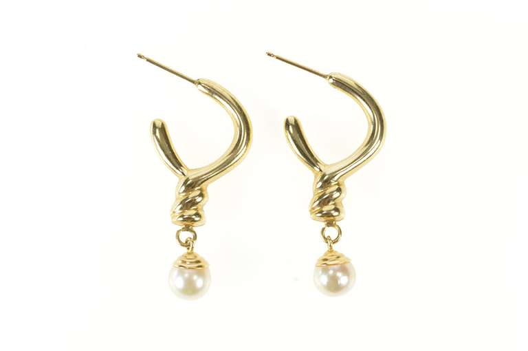 14K Yellow Gold Retro Twist Semi Hoop Pearl Drop Dangle Earrings