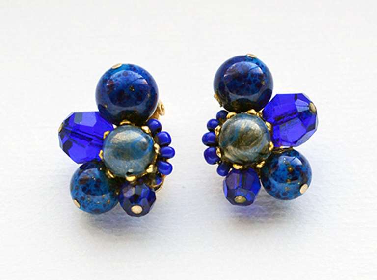 Vintage Signed Lapis Lazuli Clip Earrings by Carnegie