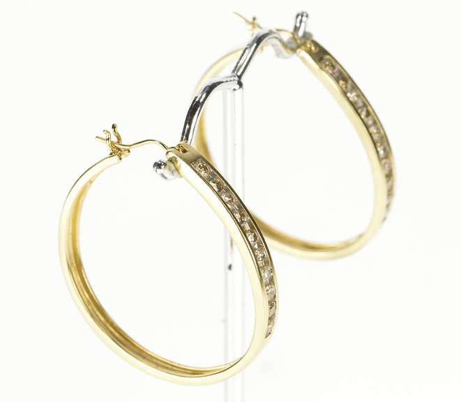 14K Yellow Gold 1.20 Ctw Channel Diamond Inset Fashion Hoop Earrings