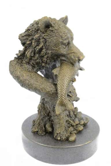 Bear Head Bust with Fish Bronze Sculpture