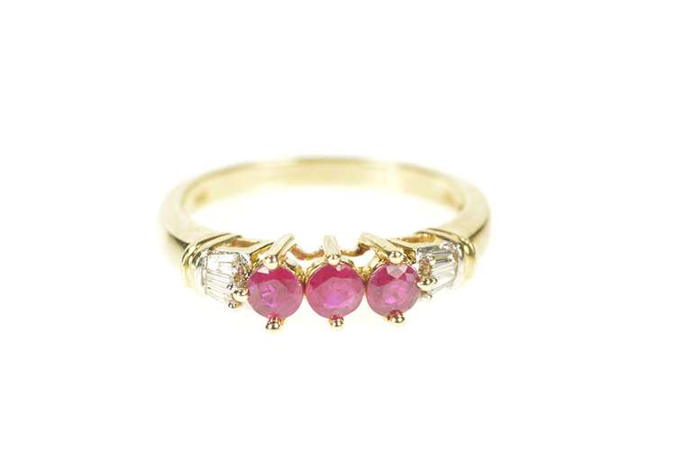 10K Yellow Gold Natural Ruby Baguette Diamond Wedding Band Ring