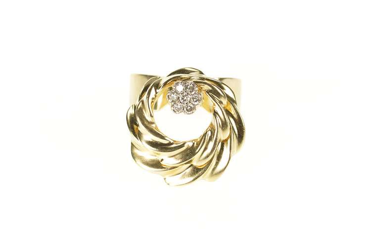 14K Yellow Gold 1960's Diamond Cluster Spinner Cocktail Ring