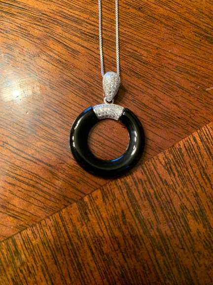 Sterling Silver Black Circle Pendant Necklace with White Gemstones