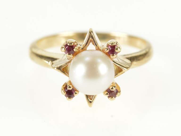 10K Yellow Gold Retro Pearl Ruby Star Cluster Statement Ring