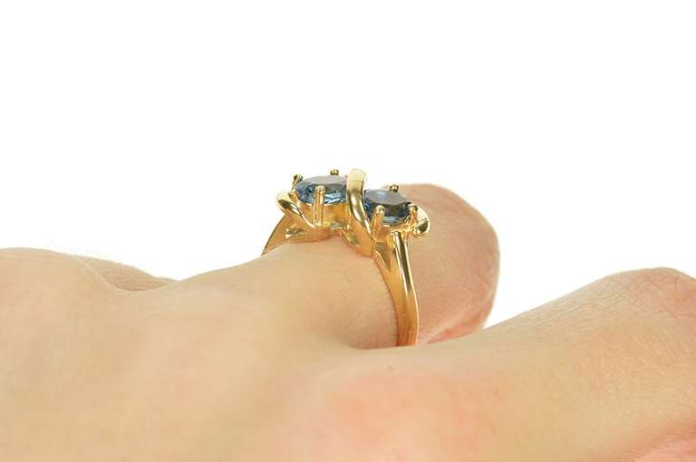 14K Yellow Gold Oval Blue Topaz Two Stone Wavy Statement Ring