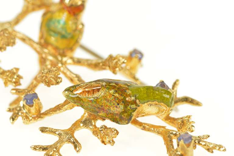 18K Yellow Gold 1960's Enamel Bird Tanzanite Statement Pin/Brooch