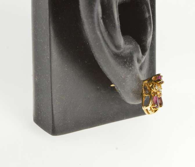 14K Yellow Gold Pear Ruby Diamond Fanned Cluster Fashion Earrings