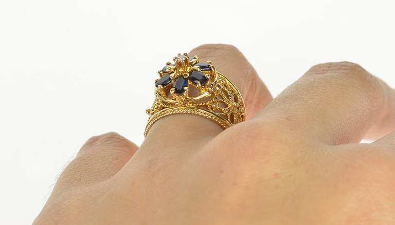 10K Yellow Gold 1.50 Ctw Floral Oval Sapphire Diamond Filigree Ring