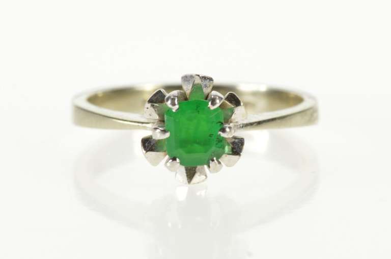 18K White Gold 1960's Natural Emerald Solitaire Engagement Ring