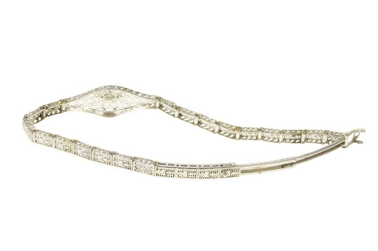 10K White Gold Diamond Syn. Sapphire Ornate Art Deco Bracelet