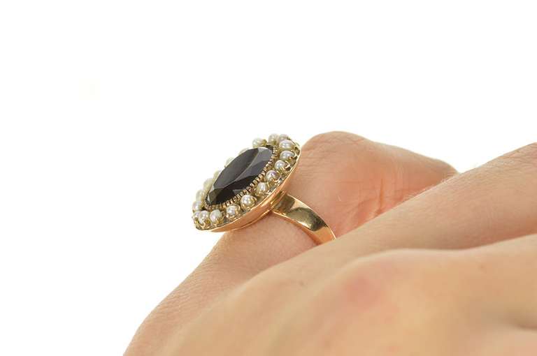 18K Yellow Gold Victorian Oval Smoky Quartz Pearl Halo Cocktail Ring
